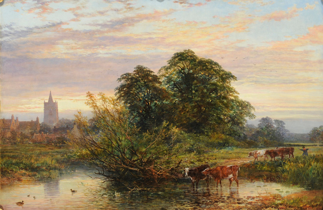 “Summer Landscape with a Drover and Cattle crossing a River” van John Syer en Heywood Hardy (1864)